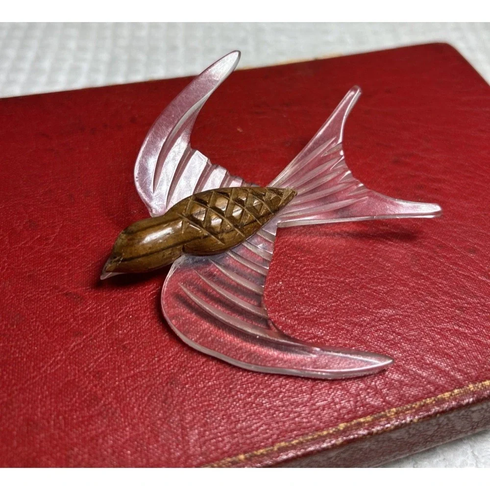 Vintage Lucite and Wood Early Bird Brooch